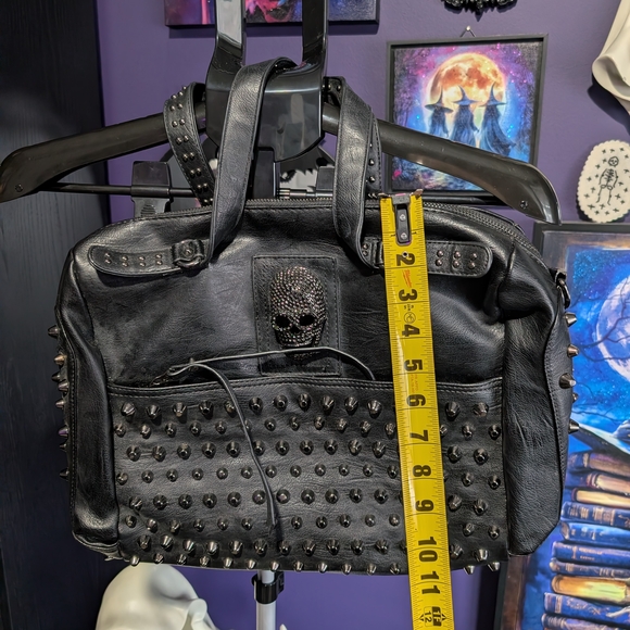 Black Studded Women's Faux Leather Bag with Skull Accent - Picture 3 of 4